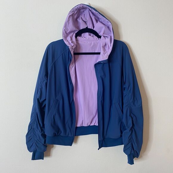 Lite Weight Blue & Lilac Reversible Zip Hoodie Windbreaker Jacket Ruche Sleeves - Picture 1 of 9